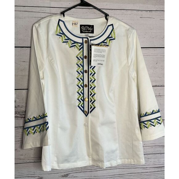 Bob Mackie Women’s M  Zip Zag Embroidered Button Front  White Twill  Jacket*‎ - Picture 1 of 11
